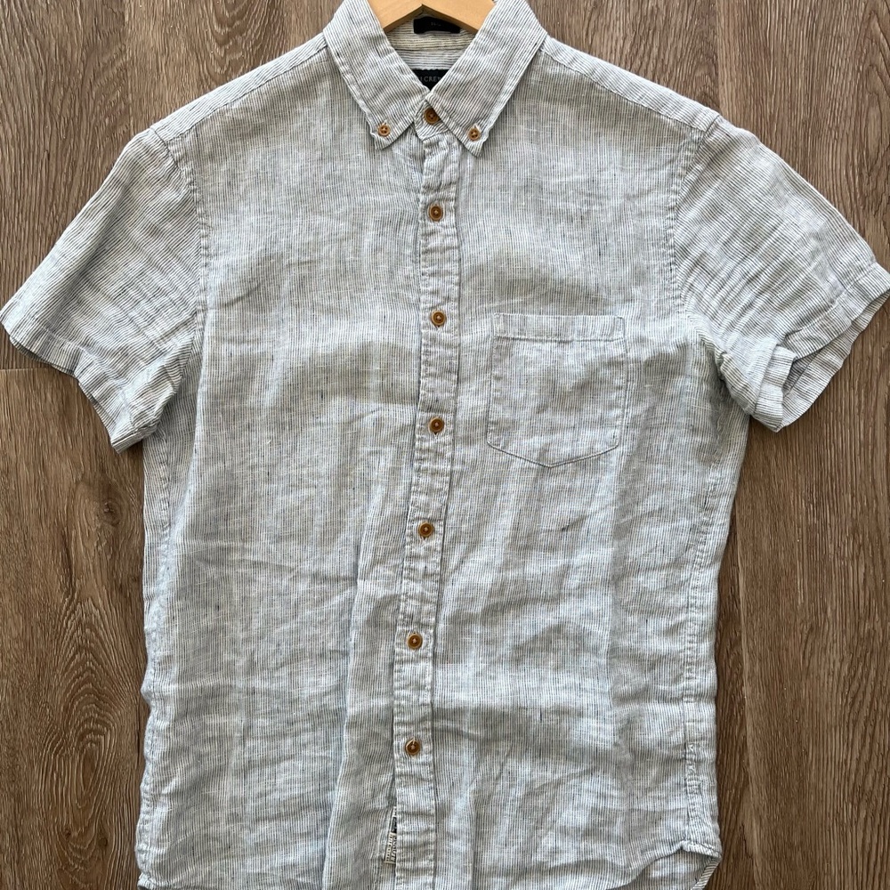 J Crew Striped Irish Linen Short Sleeve Shirt